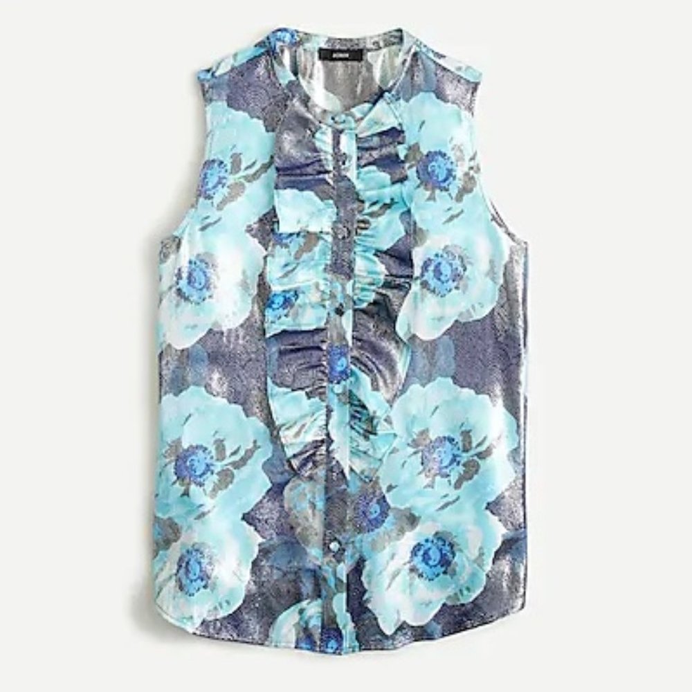 J. Crew Ruffle Metallic Blue Floral Top, US XXS